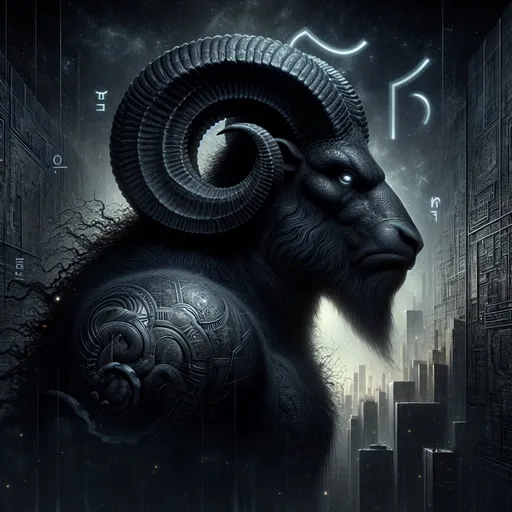 Prompt: a side view of a black ram bull bear beast detailed background, dark fantasy,Aries symbols and Aries themed background, afrofuturism, very detailed, high fantasy, a digital rendering, fantasy art, fantasy art, concept art