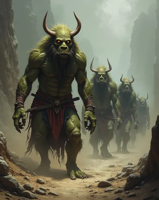 Prompt: Fomorians – Army of monstrous troll-like/goblin-like humanoid beings