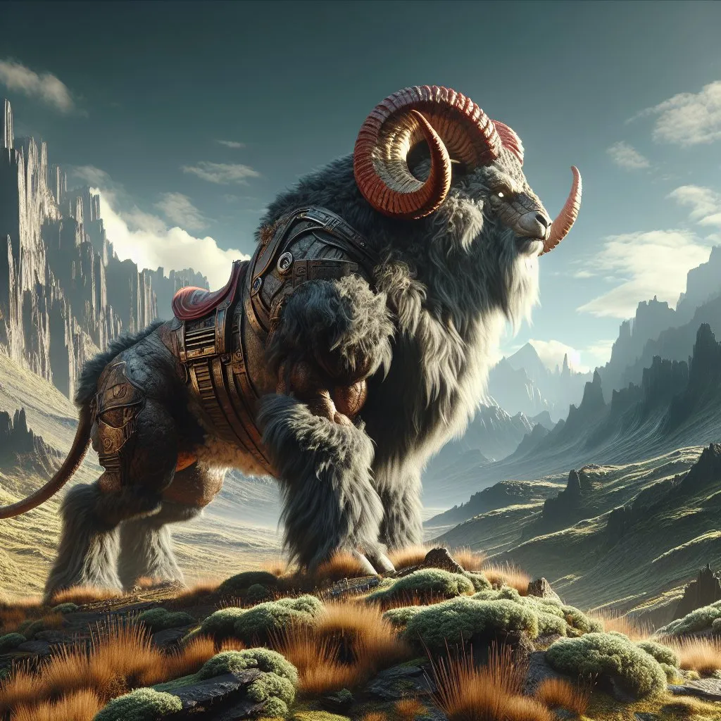 Prompt: Realistic Full-body Ram bull bear beast with a red saddle guarding a territory and roaring, detailed sunny rocky mountain alien planet dark dungeon castle background, high fantasy, digital rendering, very detailed, perfect picture, professional quality, fantasy art, concept art, detailed digital rendering, detailed ram bull bear beast, 8k highres, professional, perfect lighting, trending 