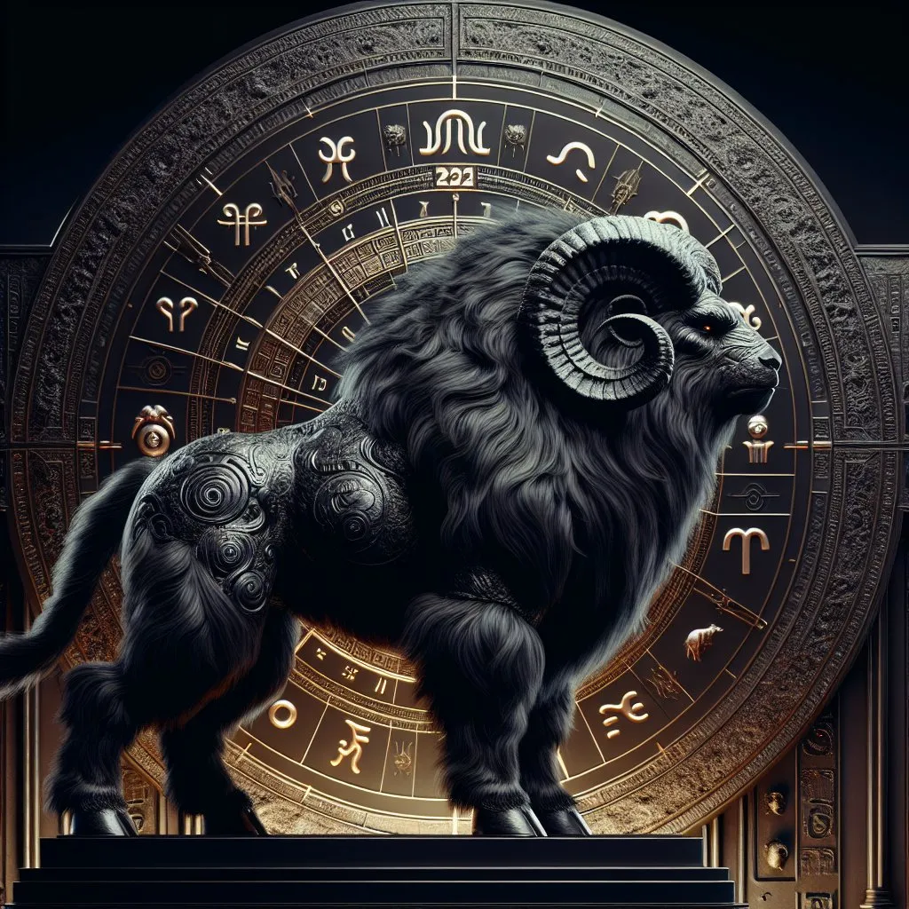 Prompt: a side view of a black ram bull bear beast detailed background, dark fantasy,Aries symbols and Aries themed background, afrofuturism, very detailed, high fantasy, a digital rendering, fantasy art, fantasy art, concept art