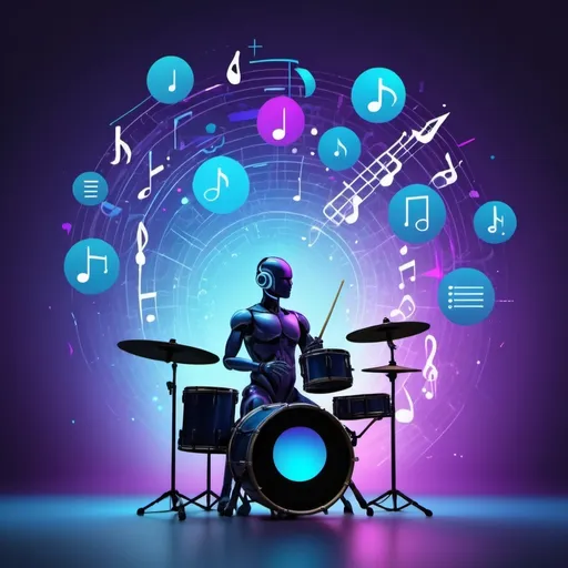 Prompt: "A futuristic digital interface with musical notes, instruments (drums), and AI-related icons . A human figure interacting with the interface, symbolizing the fusion of human creativity and AI technology. Vibrant colors (blues, purples, and metallic tones) background representing innovation and technology."