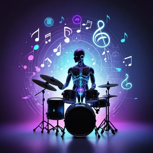 Prompt: "A futuristic digital interface with musical notes, instruments (drums), and AI-related icons . A human figure interacting with the interface, symbolizing the fusion of human creativity and AI technology. Vibrant colors (blues, purples, and metallic tones) background representing innovation and technology."