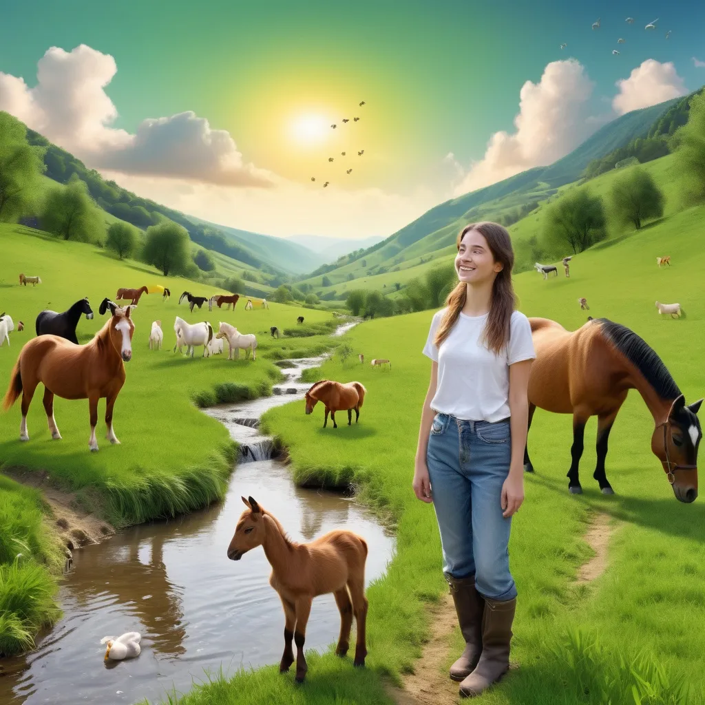 Prompt: young woman standing in a beautiful green valley alongside a small fresh water stream looking at the sky with smiley face and there are horses and goats and ducks roaming around her and a kid playing on the other side