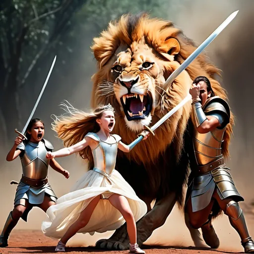 Prompt: a furious and horrific lion attacking a young beautiful princess and a strong warrior with sword saving the beautiful princess