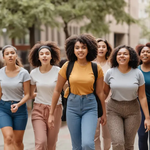 Prompt: young woman leading a group of women from different age groups and ethnicity