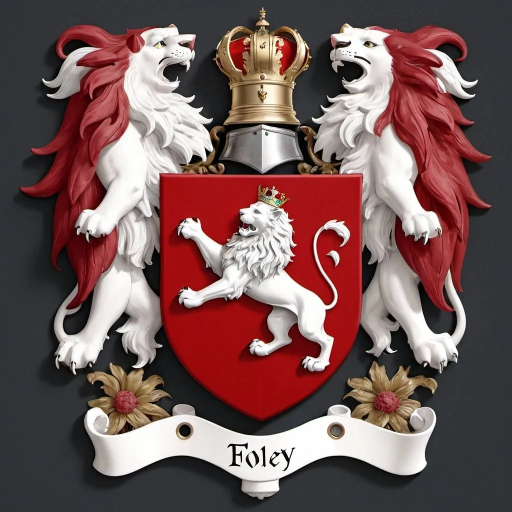 Prompt: Official Foley family coat of arms
red upper half and white lower half with knight's helmet in center with Lion above his head plus floret garnishes