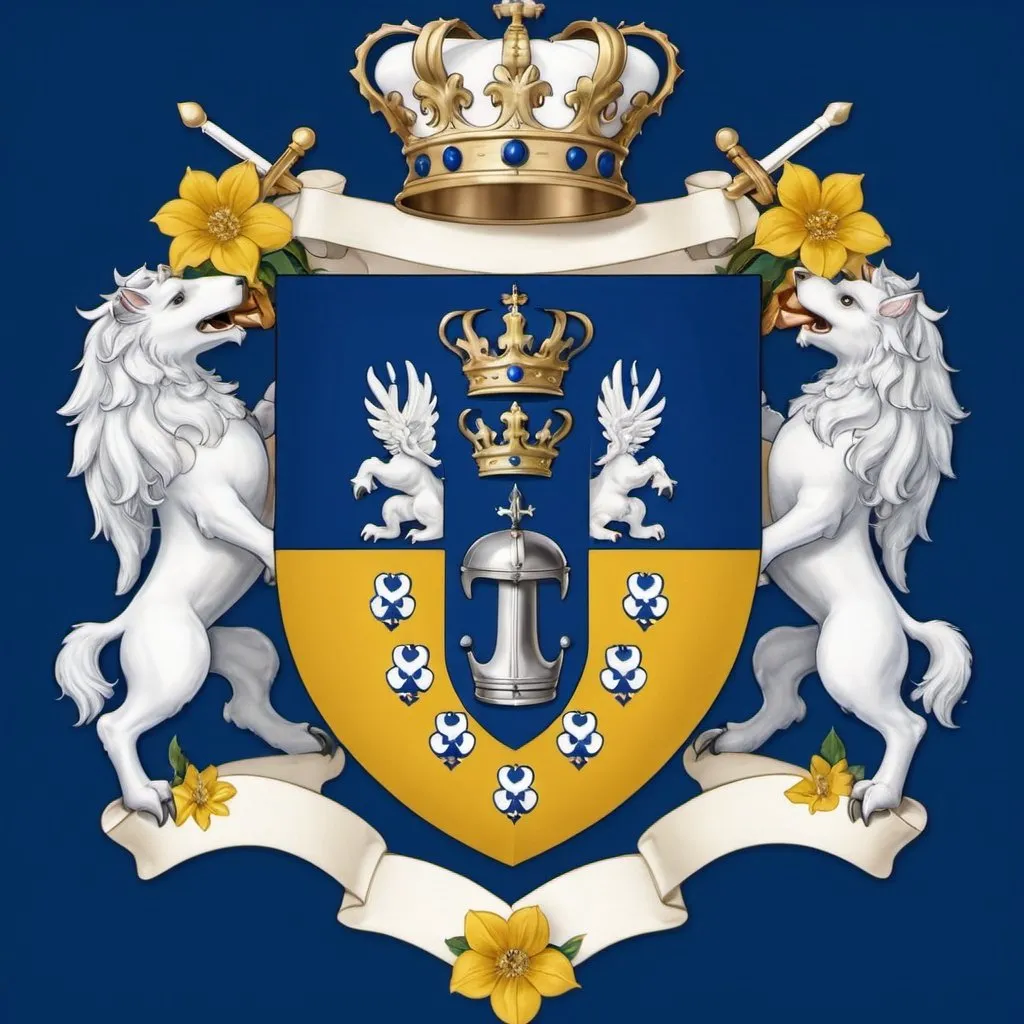 Prompt: Official Raynor family coat of arms
royal blue upper half and white lower half with knight's helmet in center with yellow floret garnishes