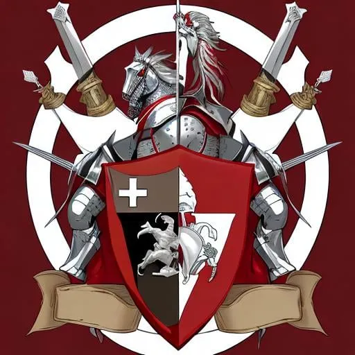 Prompt: Coat of arms red and white with knight in armor as center plus crossed swords