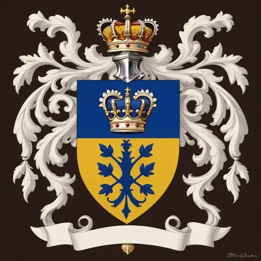 Prompt: Official Brown family coat of arms
Royal Blue and yellow inverted "V" stripe with knight as center plus floret garnishes