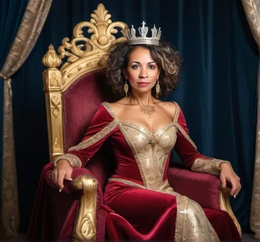 Prompt: Beautiful mixed-raced woman, 50 years old, regal, with a crown on her head, regally dress in royal attire her throne in the back ground