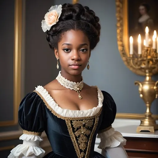 Prompt: A beautiful young aristocrat, black female dress in expensive fancy regency era clothing that would be appropriate for a regal gala