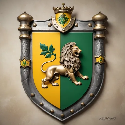 Prompt: Sullivan family coat of arms, yellow with green accents. realistic shield with knights helmet in center and the bottom of the shield is divided into four sections with a lion in each