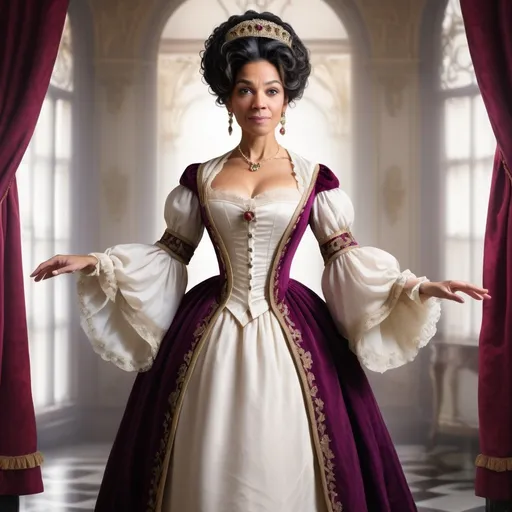 Prompt: middle aged mixed race woman dressed in regal regency era garb, beckoning us to join her
