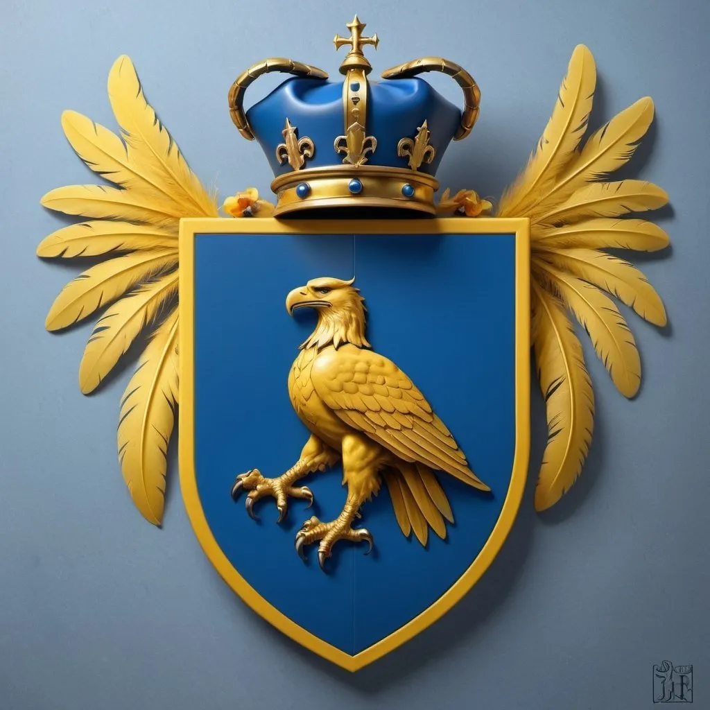 Prompt: Jenkins family coat of arms, blue with yellow accents realistic, knights helmet facing the left with eagle feather above
surrounded by blue florets