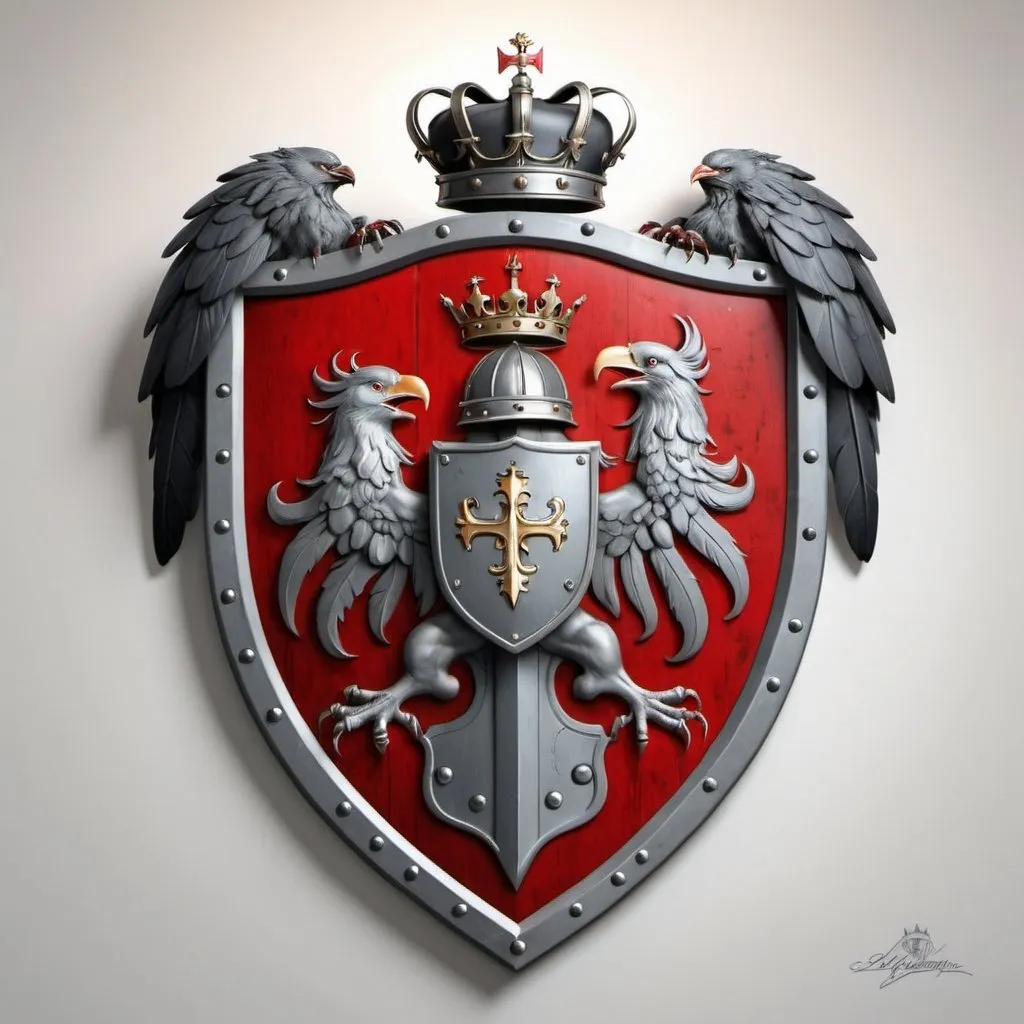 Prompt: Thomas family coat of arms, red with gray accents. realistic shield with knights helmet in center with crown at top, and the bottom of the shield has 2 small crows at bottom of shield