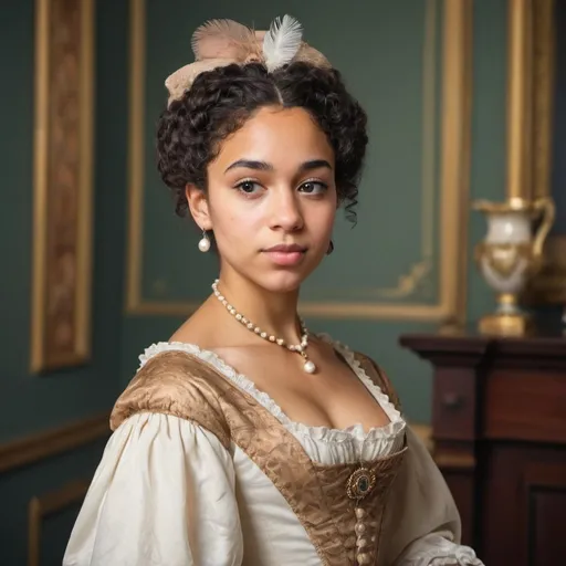 Prompt: Beautiful young aristocratic woman of mixed race in regency era clothing ready to go to a regal event