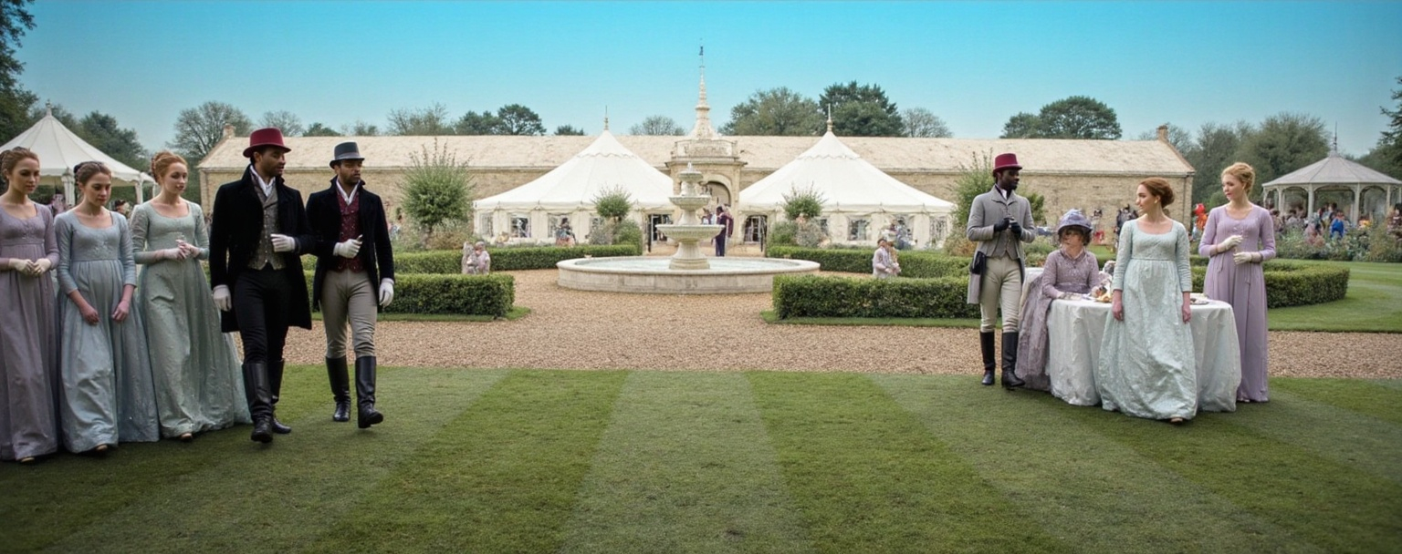 Prompt: A group of people dressed in Regency finery sit at a table in the park drinking "high tea". Beautiful teapots and finger foods sit on the table. More people are near them playing croquet.  We see pastel colored tents in the background