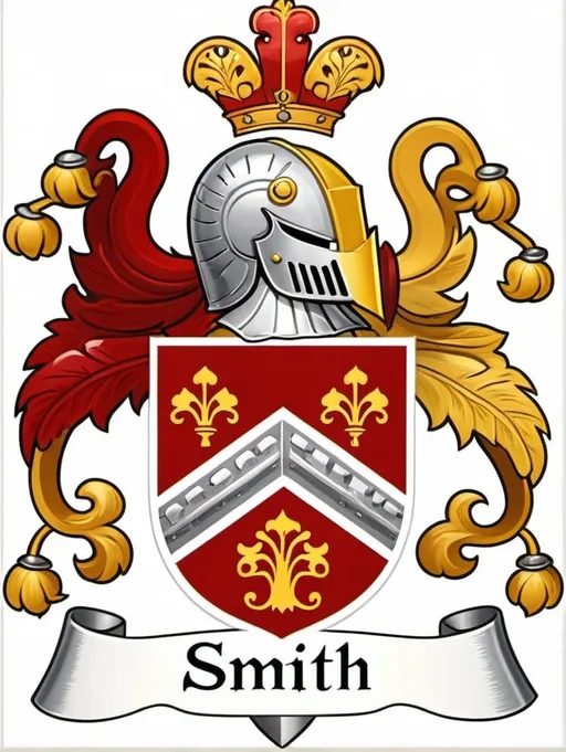 Prompt: Official Smith Family crest, realistic, red with yellow and white elements. Knights helmet above shield with trees on shield and florets 