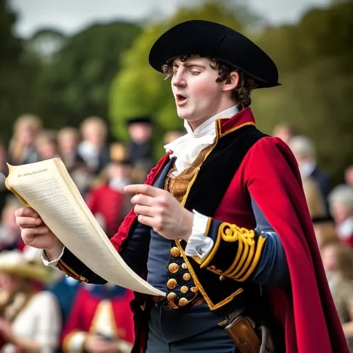 Prompt: a young regency era town crier reading from his opened scroll