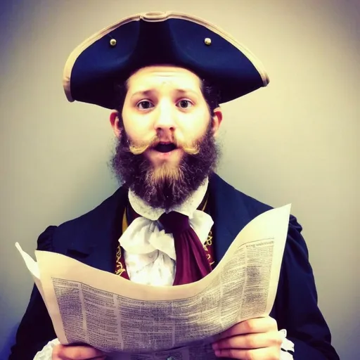 Prompt: Bearded young Victorian era town crier reads news from his scroll