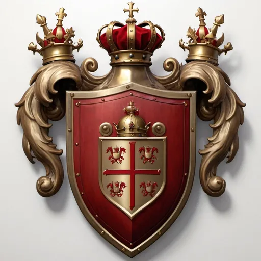 Prompt: Tibbs family coat of arms, red with gold accents. realistic shield with knights helmet in center with crown at top, and the bottom of the shield has 4small crosses at bottom of shield