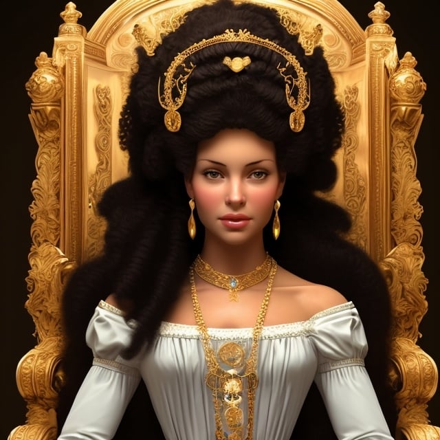 Prompt: Beautiful mixed-race queen from regency era on throne in regal attire with big hair and ornate tiara
