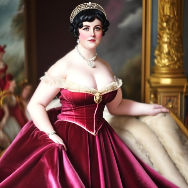 Prompt: a plump regency era duchess is at the Queen's ball dressed in velvet ball gown 