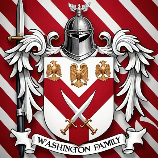 Prompt: Official Washington family coat of arms
Red and white striped with knight as center plus crossed swords