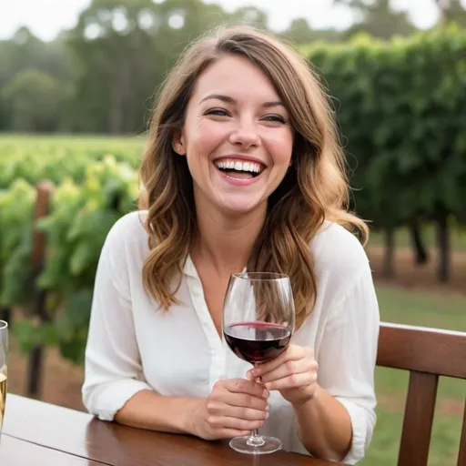 Prompt: Cute young southern woman around 30 years old, laughing as she sips a glass of wine
