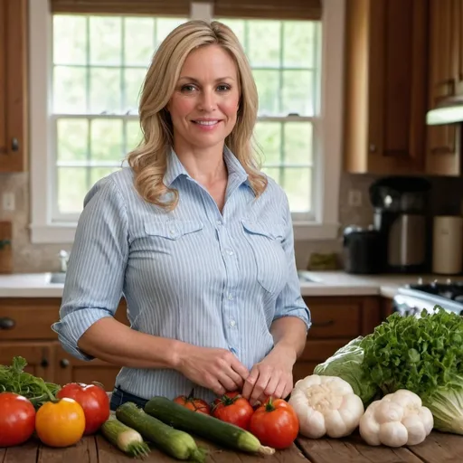 Prompt: Beautiful blonde homemaker female from Louisiana. 40-45 years old. Upperclass. Displaying vegetables from a garden on a rustic wooden table. Wearing a fitted light blue and white striped collared shirt
