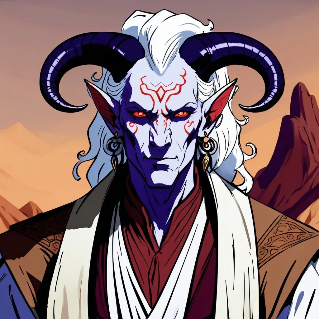Prompt: Male tiefling D&D red eyes white skin headshot long white curly hair jewelry desert bazaar clothes bard curved horns