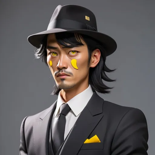 Prompt: A man in a suit, with a black korean mid mullet, and yellow eyes. 
He's holding a fedora in his hand, and he's emotionless