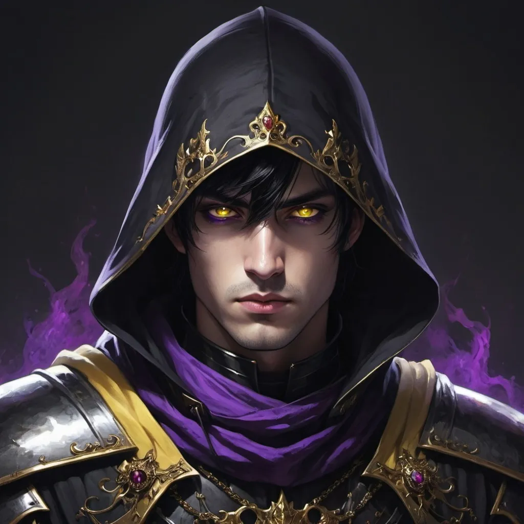 Prompt: A Gothic Knight with a black hood and A purple Aura coming fromm the RIGHT eye, and next to him Is someone with Black hair, Yellow eyes and A royal ceremonial uniform