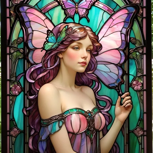 Prompt: colorful butterfly with a pink background,art nouveau mucha borders fairy large wins irredecent color with sparkling accents blues green purples