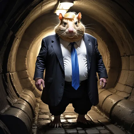 Prompt: Fantasy illustration of Donald Trump as a giant rodent, half-man-half-mole, obese figure, underground sewers, gross, creepy, dimly lit, underground fantasy world, mystical transformation, magical realism, detailed fur and skin textures, dramatic lighting, high quality, fantasy art, underground setting, mystical, detailed features, dark fantasy, 