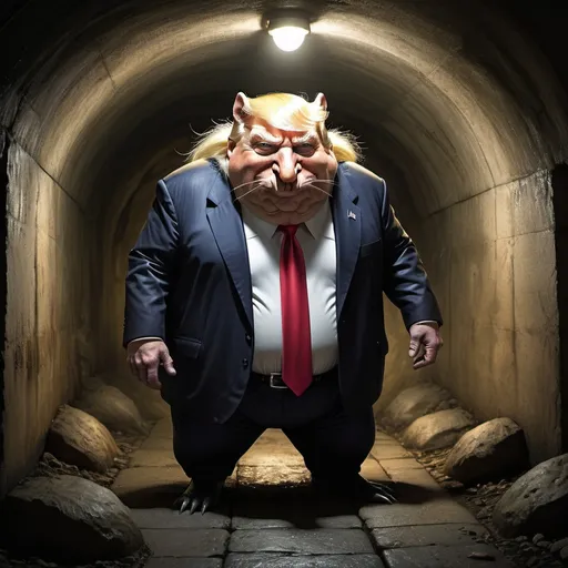 Prompt: Fantasy illustration of Donald Trump as a giant rodent, half-man-half-mole, obese figure, underground sewers, gross, creepy, dimly lit, underground fantasy world, mystical transformation, magical realism, detailed fur and skin textures, dramatic lighting, high quality, fantasy art, underground setting, mystical, detailed features, dark fantasy, 