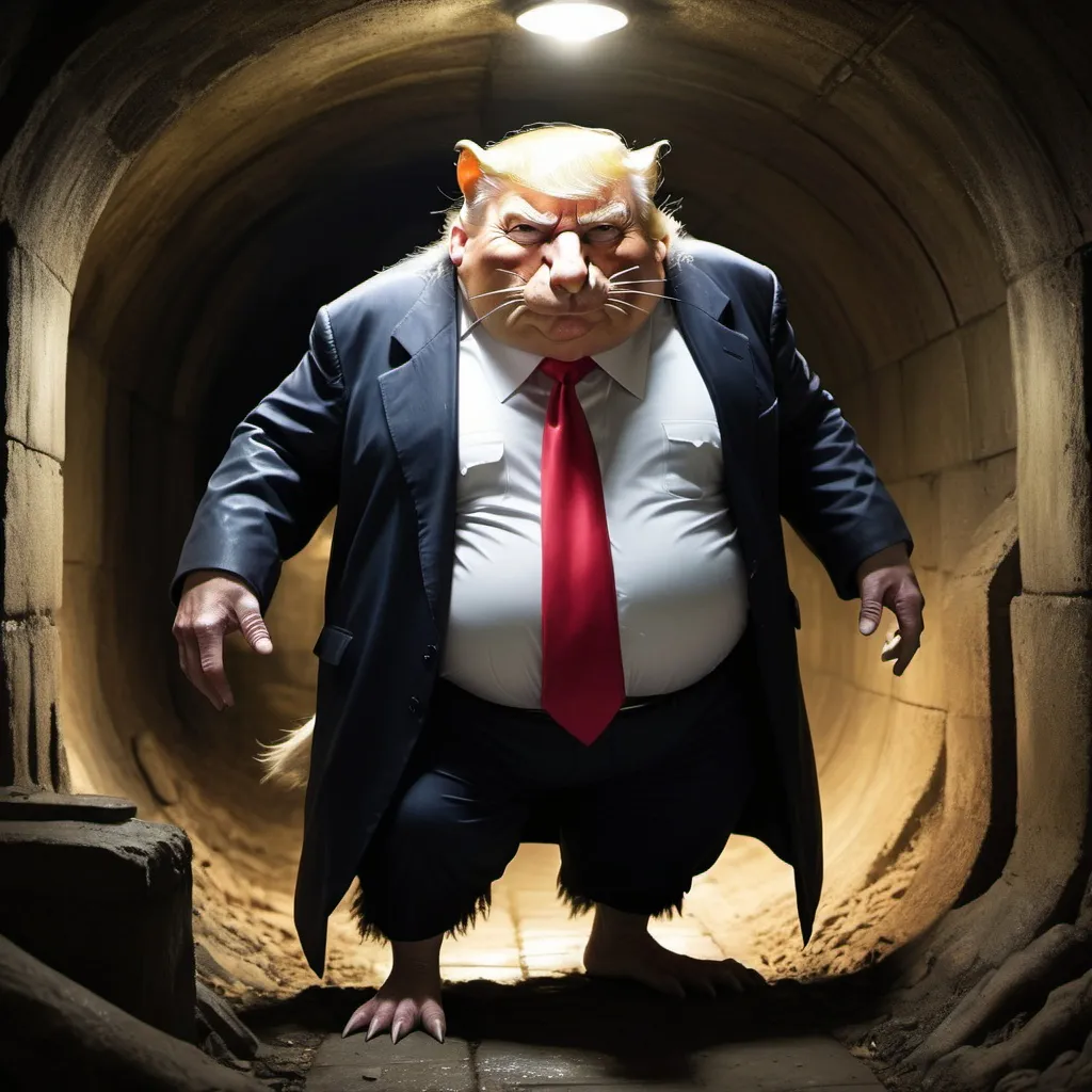 Prompt: Fantasy illustration of Donald Trump as a giant rodent, half-man-half-mole, obese figure, underground sewers, gross, creepy, dimly lit, underground fantasy world, mystical transformation, magical realism, detailed fur and skin textures, dramatic lighting, high quality, fantasy art, underground setting, mystical, detailed features, dark fantasy, 