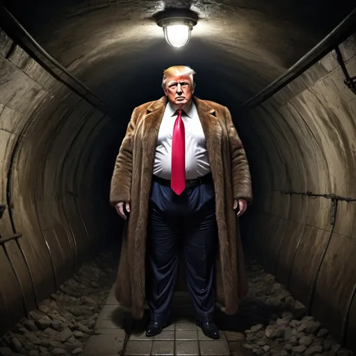 Prompt: Fantasy illustration of Donald Trump, half-man-half-mole, obese figure, New York City sewers, underground fantasy world, mystical transformation, magical realism, detailed fur and skin textures, dramatic lighting, high quality, fantasy art, underground setting, mystical, detailed features, dark fantasy, obese figure, professional lighting