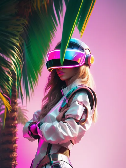 Prompt: a close up of a person wearing futuristic visors a palm tree, shiny cyberpunk colors, retrofuturism, 1980s sci-fi, game cover art, character, 4k