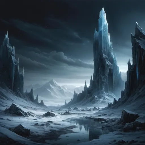 Prompt: An icy, dark landscape where everything is frozen and all lights are extinguished, indicating the end of times.