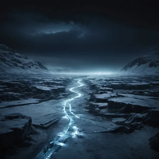 Prompt: An icy, dark landscape where everything is frozen and all lights are extinguished, indicating the end of times.