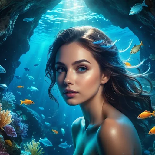 Prompt: Portrait of a Enchanting, Realistic beautiful woman emerging from an underwater cavern, surrounded by bioluminescent sea creatures, high resolution, 4k, detailed, high quality, professional, wide view, fantasy, underwater, mystical, ethereal, bioluminescent, iridescent, enchanting scene, wide angle, detailed characters, mesmerizing lighting, Realistic Style, full body view, full body shot.