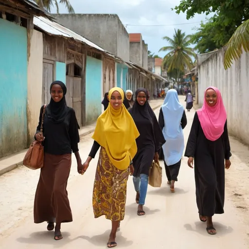 Prompt: In zanzibar a group of girls wear hijab and passing  with man