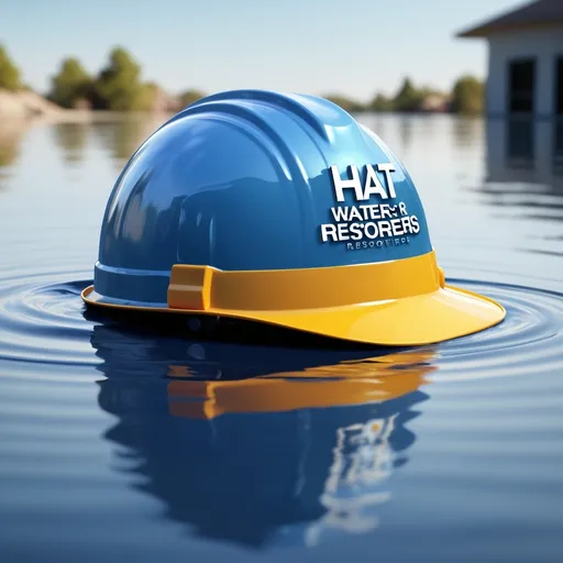 Prompt: Create a logo with a hard hat for a company named HAT Water Damage Restorers. Make sure that the full company name is spelled out and the image shows the hard hat floating on water.