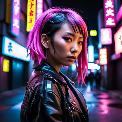Prompt: Cyberpunk neon lights, Japanese woman on street at night in leather jacket with black and pink hair