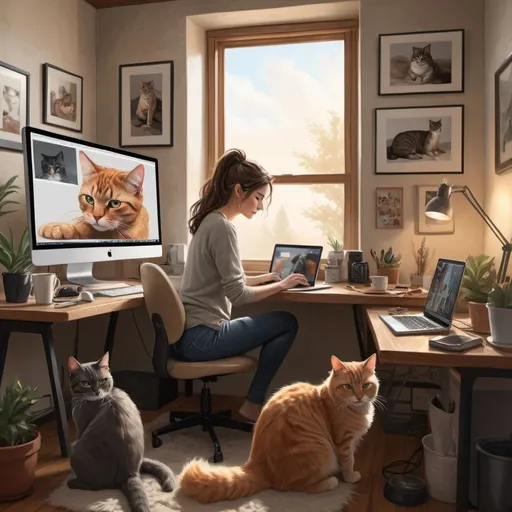 Prompt: Realistic digital painting of a woman at her desktop computer, 7 cats lounging around the room, husband working on a connected workstation, cozy home setting, detailed facial expressions, lifelike fur textures, modern interior, streaming Netflix together, high quality, realistic style, warm tones, soft natural lighting