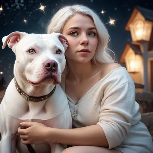 Prompt: Fantasy illustration of a woman and a white Pitbull sitting under the stars, magical and dreamy ambiance, ethereal glowing lights, enchanting color palette, detailed fur with soft highlights, loving and serene expression, best quality, highres, ethereal fantasy, dreamy, magical, detailed eyes, gentle atmosphere, fantasy lighting, serene