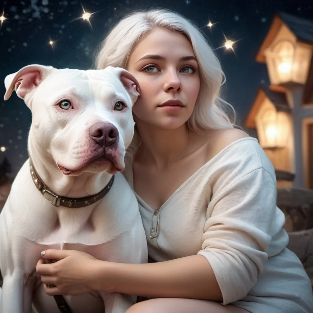 Prompt: Fantasy illustration of a woman and a white Pitbull sitting under the stars, magical and dreamy ambiance, ethereal glowing lights, enchanting color palette, detailed fur with soft highlights, loving and serene expression, best quality, highres, ethereal fantasy, dreamy, magical, detailed eyes, gentle atmosphere, fantasy lighting, serene