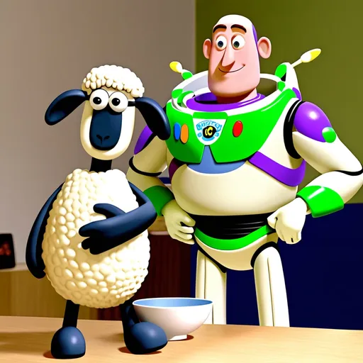 Prompt: buzz light year with a bowl cut hugging shaun the sheep