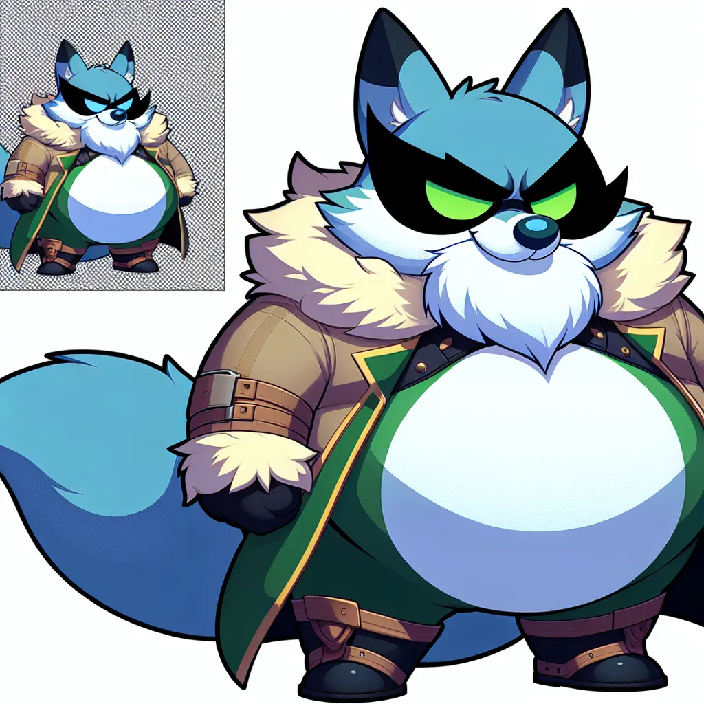 Prompt: Create a full-body cartoon image of a goofy-looking male wolf named Loki whose pot-bellied body is like The Grinch and is blue and white. Loki wears a sloppy thief’s outfit and a black mask around his eyes. The overall image has transparent background.